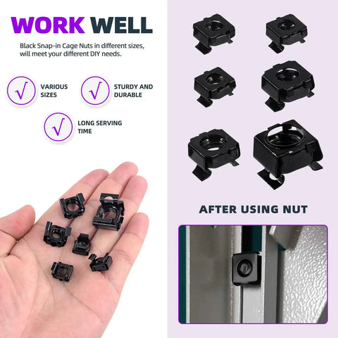 Heavy Duty Black Zinc Plated Carbon Steel Cage Nuts 48 Pc Assortment in different sizes held in a hand for server racks.