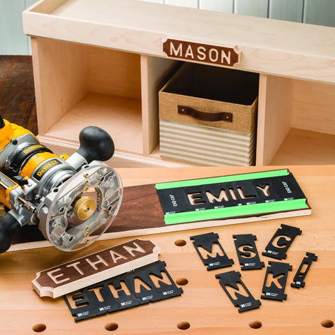State Park Font Router Letter Template Kit One And One Half Inch Tall Interlocking Sign Making Templates With 99 Pieces Letters Numbers And More For Pro Sign Builders And Hobbyists showing letter templates and router setup on a workbench