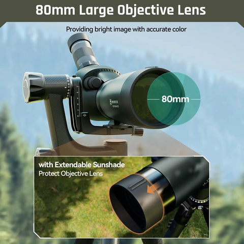 20 To 60x80 ED Spotting Scope With HD Optics Dual Focusing Fog Proof Waterproof Detachable Eyepieces And Smartphone Adapter For Hunting Target Shooting And Birding with 80mm large objective lens mounted on tripod outdoors.