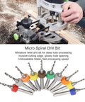 Durable Tungsten Carbide Micro Drill Bits Set For PCBs with spiral twist design and colorful collars shown with router setup