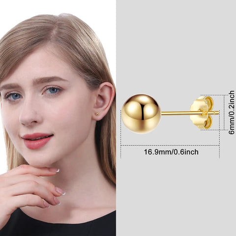 Unisex 14K Gold Ball Stud Earrings Lightweight Hypoallergenic Lead Free Nickel Free 16.9mm By 6mm 1g Durable Everyday Wear Jewelry For Women And Men, worn close-up