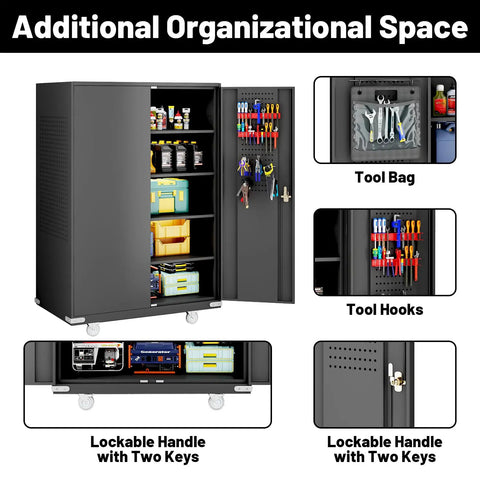 72 Inch Wide And Deep Metal Garage Storage Cabinet With Doors, Rolling Tool Cabinet, Pegboard On Doors And Back Panel
