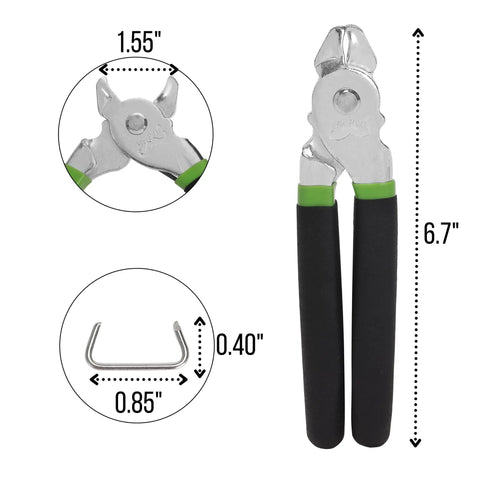 Hog Ring Pliers Kit With 110 Three Quarter Inch Galvanized Rings shown with pliers dimensions and ring size