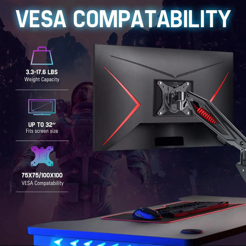 Single Gaming Monitor Arm With Mechanical Spring Load, Fully Adjustable Clamp Or Grommet Mount For Up To 32 Inch Screens, VESA 75x75 And 100x100, showing monitor back and VESA mounting.
