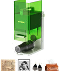 Front view of green translucent xTool F1 Lite laser engraver with metal base and side control knob