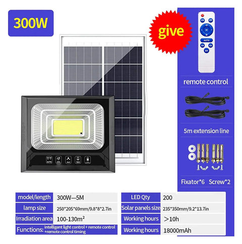 Kickass Solar Flood Light Includes A Smooth Remote And Smart Dusk To Dawn Sensor Rugged IP67 Waterproof Outdoor Security Spotlight showcasing solar panel and remote.