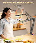Woman using Overhead USB Ring Light Camera Mount With Flexible Arm Stand in kitchen for video recording
