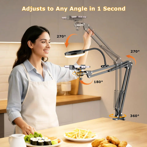 Woman using Overhead USB Ring Light Camera Mount With Flexible Arm Stand in kitchen for video recording