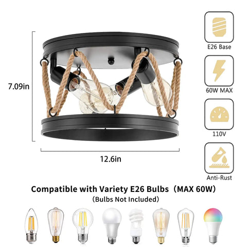 Industrial Three Light Farmhouse Ceiling Fixture With Rope Shade In Rustic Black Metal, 12.6in, Bulb Compatibility Diagram