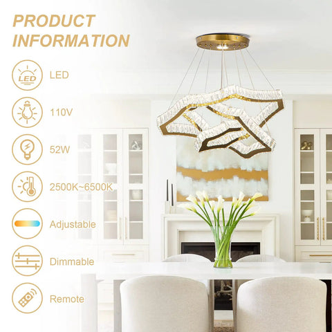 Lit Crystal Rings LED Chandelier With Integrated LED Strips Stainless Steel Frame Modern Hanging Ceiling Light in dining room