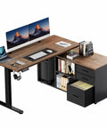 L Shaped Standing Desk With Electric Height Adjustment And Drawers 55 Inch By 23.6 Inch Walnut One Piece Desk Surface Four Memory Presets