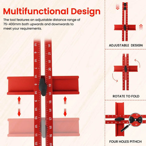 All In One Pro Grade Router Jig For Woodworking showing adjustable aluminum design with measurement markings and foldable features.