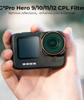Hand holding GoPro Hero with CPL Circular Polarizer Filter For GoPro Hero 9 10 11 12 13 Action Cameras, Dope Glare Reduction