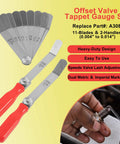 Front view of yourour A308 offset valve tappet gauge set with 11 blades and two red handles (0.004"–0.014").
