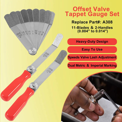 Front view of yourour A308 offset valve tappet gauge set with 11 blades and two red handles (0.004"–0.014").