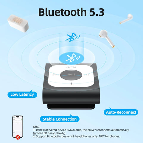 64GB Clip MP3 Player With Bluetooth For On The Go Music Ultra Portable Clip On Player With Simple Button Controls A53PL