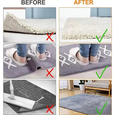 Non Slip Rug Tape Gripper Set 8 Pieces Reusable Double Sided Carpet Tape for area rugs on hardwood floors comparison before and after