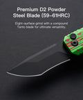 EDC Folding Pocket Knife With Rechargeable Flashlight 2 In 1 Button Lock D2 Steel Blade close-up on black background