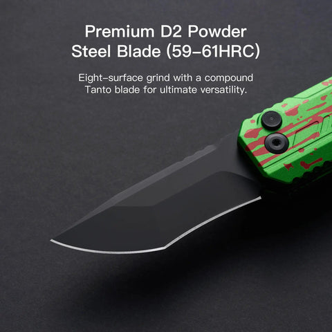 EDC Folding Pocket Knife With Rechargeable Flashlight 2 In 1 Button Lock D2 Steel Blade close-up on black background
