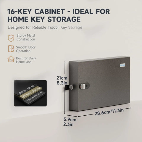 Side view of 16 Key Wall Mounted Lock Box With 3 Digit Combination Lock And Backup Key For Home Office Rental Property Management Key Organizer Includes Durable Key Tags.