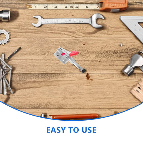 Four Pack Horizontal Toggle Clamps With Nonslip Tips on wooden table surrounded by hand tools, quick release, fixed workholding clamps.