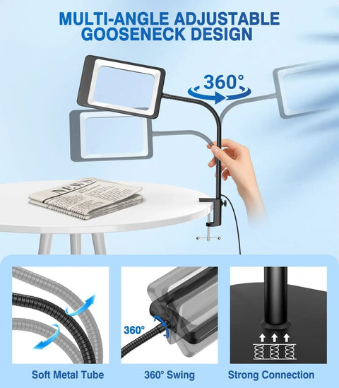 Massive 7 Inch Floor Magnifier Lamp With Light And Stand Flexible Gooseneck 10X To 30X Magnification 5 Color Modes 3 In 1 LED Desk Lamp Magnifier For Reading Close Work And Sewing Black with multi-angle adjustable gooseneck design