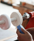 Woodworking Lathe Buffing System Two Step 4 Inch Wheel Buffing Mandrel with MT2 Morse Taper Mounts in use on a lathe