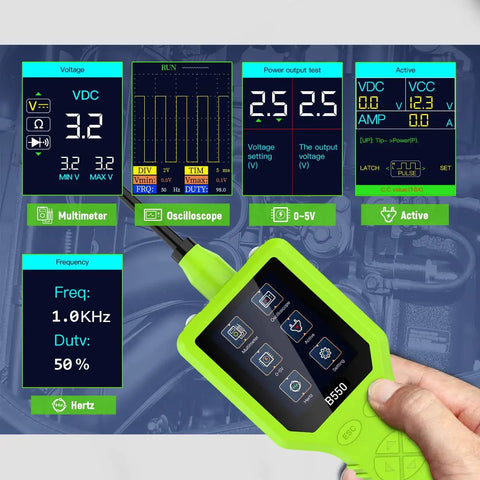 Ultimate Vehicle Electrical Tester With 2.4 Inch TFT Display 12V 24V Power Circuit Probe showing multimeter and oscilloscope readings