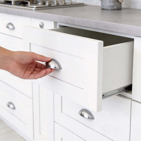 A hand opening a white drawer with 10 Pack Cabinet Pulls With 3 Inch Center To Center Brushed Nickel Zinc Alloy Drawer Handles.