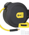 Heavy Duty Automatic Retractable Air Compressor Hose Reel With 3/8 Inch By 50 Ft Hybrid Air Line For Shop And Garage, yellow hose