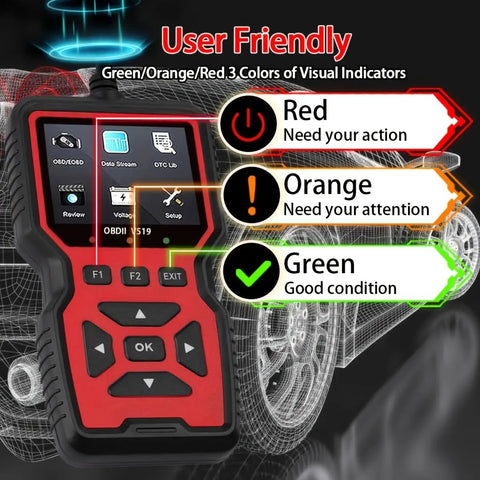 Go To All In One OBD2 Car Code Reader And Diagnostic Tool with user-friendly indicator lights displayed in red, orange, green