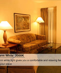 Warmly lit living room with Two Pack E12 LED Candelabra Bulbs, 400 Lumens, 4W, 3000K Warm White, creating a cozy atmosphere.