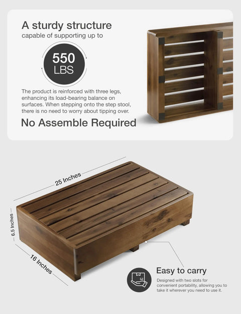 Six Point Five Inch One Step Stool For Seniors And Adults With Walnut Wood Finish Heavy Duty Wooden Mobility Stool For Bedside Bathroom Kitchen Garden 550 Pound Capacity Ready To Use No Assembly Needed showing 550 lb capacity and measurements
