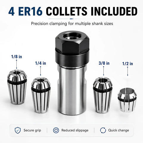 4 ER16 collets in 1/8, 1/4, 3/8, and 1/2 inch sizes and shaft from 5/8-11 Angle Grinder Extension Shaft Adapter Set With ER16 Collets