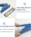 Handy One Quarter Inch Hole Punch for Paper and Craft Projects 20 Sheet Capacity Slim Handheld Punch with Non-Slip Base, blue design, ergonomic grip, removable tray.