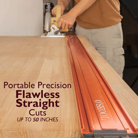 Top Shelf 50 Inch Aluminum Straight Edge Cut Guide For Circular Saw Router And Jigsaw with a rigid edge on a workbench.