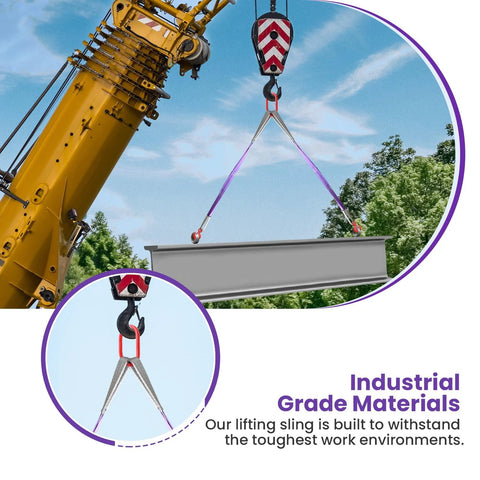 Two-leg polyester lifting slings with hooks lifting a gray I-beam from a yellow crane