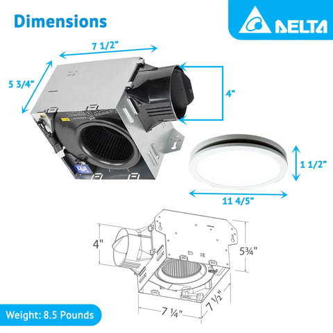 Dimensions of Delta Integrity 100 CFM Exhaust Bath Fan With LED Edge-Lit Panel Light shown with diagram and light panel