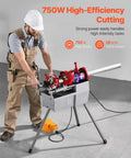 Three In One Do It All Electric Pipe Threader Machine, 750W Power, 28 RPM, in use with foot pedal and operator