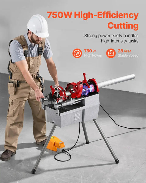 Three In One Do It All Electric Pipe Threader Machine, 750W Power, 28 RPM, in use with foot pedal and operator