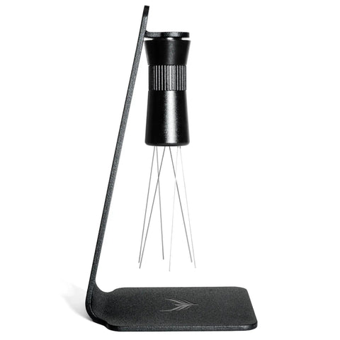 Magnetic WDT Tool for Espresso Puck Prep with 120 degree adjustable angle, includes 0.25mm and 0.40mm needles, shown on stand.