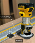 Premium Heavy Duty Guide Rail Adapter Compatible With DeWalt Router on a track with rail stop and detail of guide rail placement.