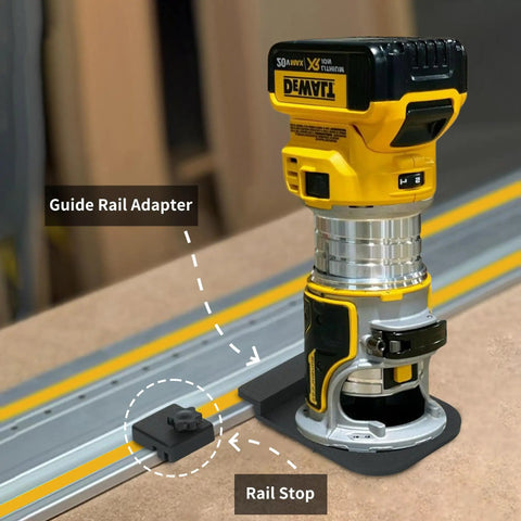 Premium Heavy Duty Guide Rail Adapter Compatible With DeWalt Router on a track with rail stop and detail of guide rail placement.