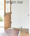 Heavy duty stainless steel magnetic door stopper installed on wall and door, preventing door slamming, with 3M adhesive option.