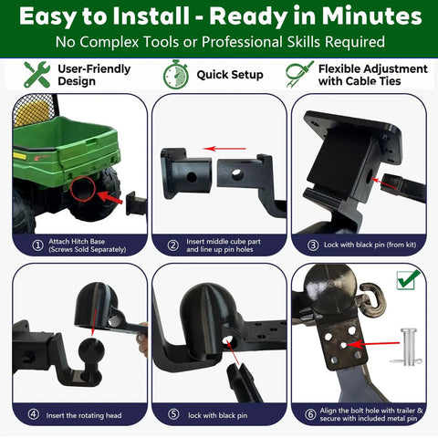 Universal Trailer Hitch Adapter For Kids Ride On Toys Fits Three Eighths Inch Hole Hooks Up Power Wheels Peg Perego John Deere Trailers No Fuss Easy Install Quick Attach Tow Link For Playtime Fun installation guide with step-by-step graphics.