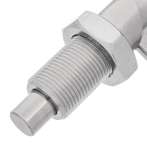 Close-up of Tough As Nails Stainless Steel Indexing Plunger With Solid Locking Bolt and M20 X 1.5 Threaded Knob, 12mm pin.