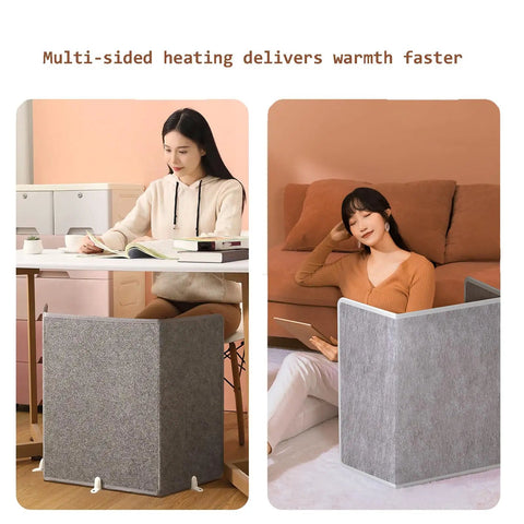 Two women using Under Desk Leg Warmer and Quiet Space Heater with foldable panels for targeted warmth in office and home settings