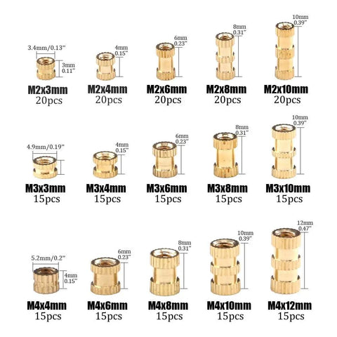 Assortment of 250 Piece Brass Knurled Threaded Insert Nuts Kit M2 M3 M4 Female Thread Embedding with size specifications