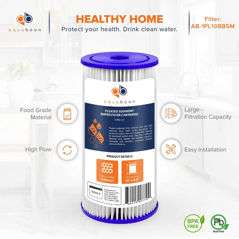 5 Micron Pleated Sediment Water Filter 10x4.5 Cartridge For Whole House Replacement, filter details and label shown