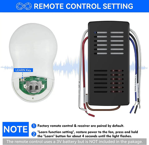 Ceiling Fan Remote Control Kit Universal 3-Speed Fan And Dimmer Light with wiring and learning key shown